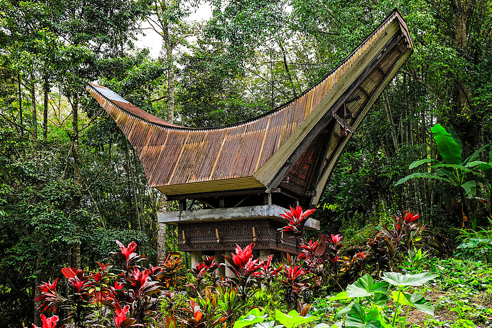 Zinc clad saddleback roofed tongkonan, Bori Kalimbuang megalithic burial site, Bori, Rantepao, Toraja, South Sulawesi, Indonesia, Southeast Asia, Asia