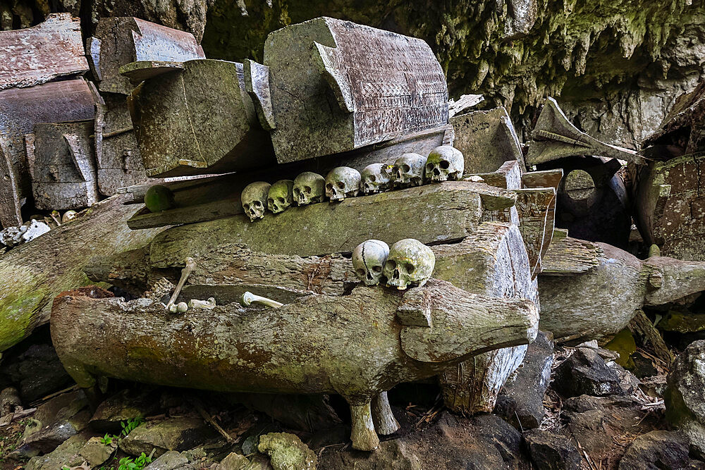 Skulls on coffins in 700 year old burial cave at Parinding, north of Rantepao, Lombok Parinding, Toraja, South Sulawesi, Indonesia, Southeast Asia, Asia