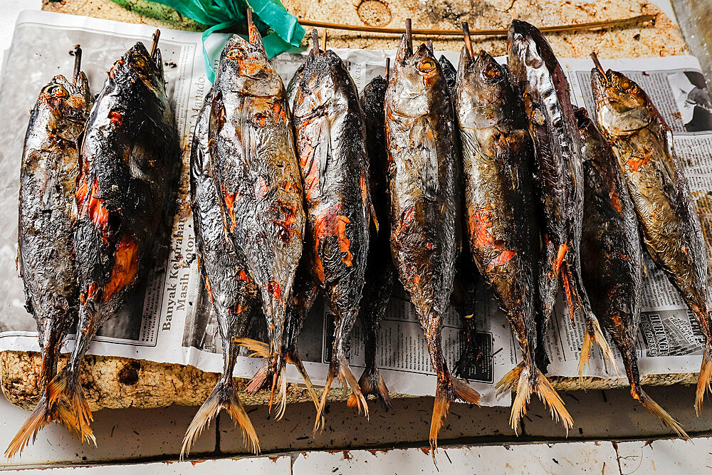 Barbecued cakalang fish (Skipjack Tuna) for sale in the capital. Ulu, Siau Island, Sangihe Archipelago, Nth Sulawesi, Indonesia