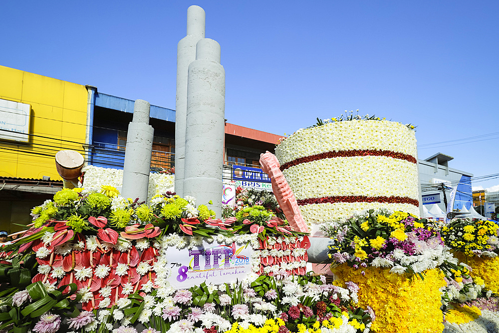 Float of Pertamina, the national energy company, at the annual Tomohon International Flower Festival parade in city that is the heart of national floriculture, Tomohon, North Sulawesi, Indonesia, Southeast Asia, Asia