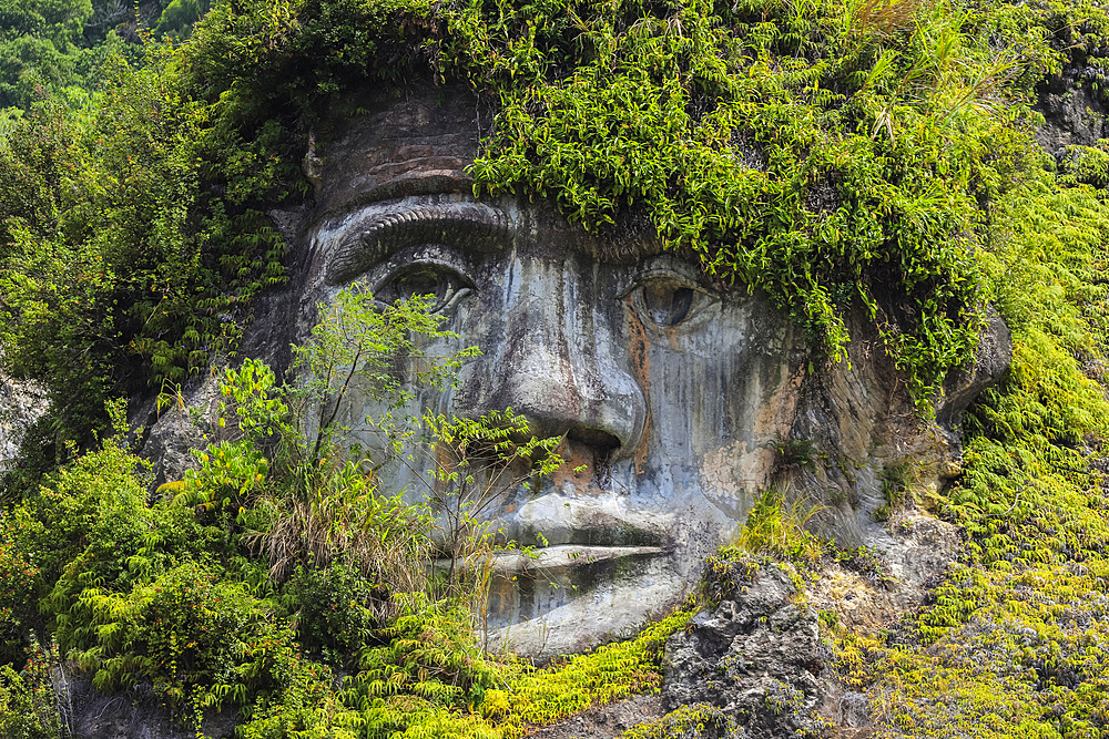 Large carved face at Bukit Kasih, a volcanic tourist park with fumarole fields, a world peace themed tower and worship houses of five major religions, Bukit Kasih, Minahasa, North Sulawesi, Indonesia, Southeast Asia, Asia