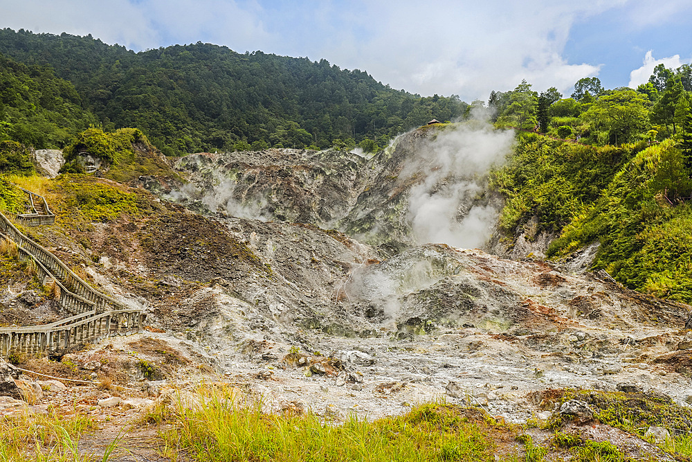 Steaming volcanic fumarole field at Bukit Kasih, a tourist park with a world peace themed tower and worship houses of five major religions, Bukit Kasih, Minahasa, North Sulawesi, Indonesia, Southeast Asia, Asia