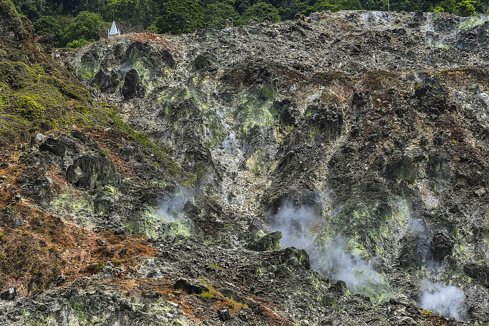 Steaming volcanic fumarole field at Bukit Kasih, a tourist park with a world peace themed tower and worship houses of five major religions, Bukit Kasih, Minahasa, North Sulawesi, Indonesia, Southeast Asia, Asia