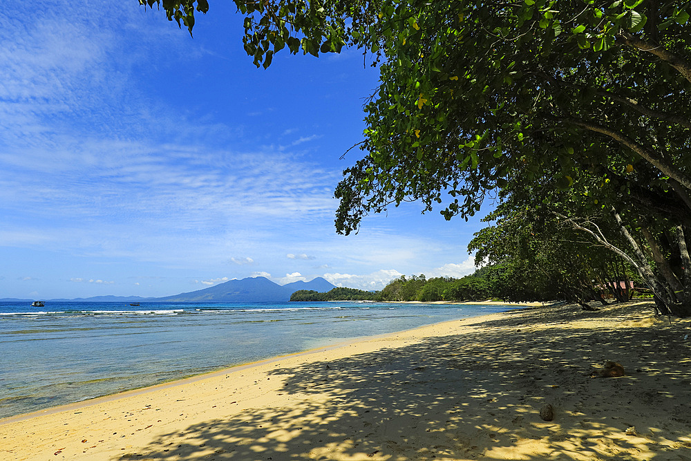 View from Pulisan beach to Paal Beach and headland, with Tangkoko mountain and reserve beyond, Pulisan, Minahasa Highlands, North Sulawesi, Indonesia, Southeast Asia, Asia