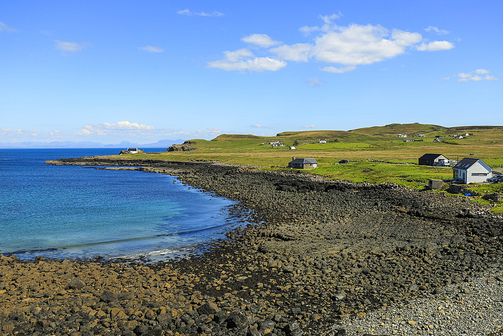 Scattered houses on Kilmaluag Bay in the remote far North East of the island, Kilmaluag, Trotternish Peninsula, Skye, Inner Hebrides, Scotland, United Kingdom, Europe