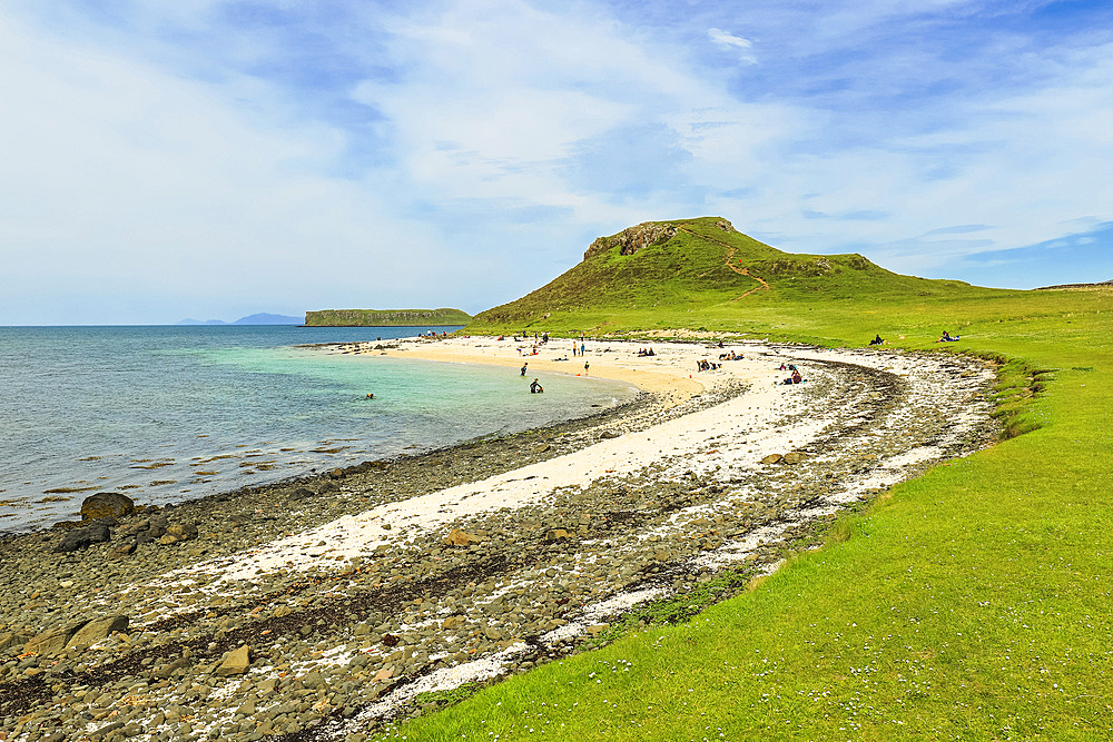 Distinctive rocky headland and popular white sand beach of eroded coral in the North West near Dunvegan, Coral Beach, Claigan, Dunvegan, Skye, Inner Hebrides, Scotland, United Kingdom, Europe