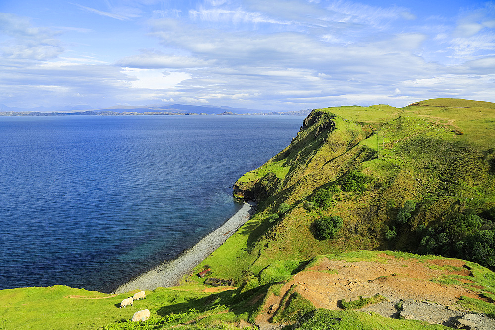 View from the Lealt River lookout to factory ruins by Inver Tote beach where diatomite, used to make dynamite, was processed and shipped, Lealt Falls, An Leth-allt, Portree, Skye, Inner Hebrides, Scotland, United Kingdom, Europe