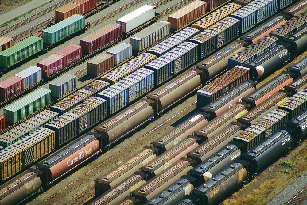 Freight wagons on the Canadian Pacific Railway at Vancouver Harbour, Vancouver, British Columbia, Canada