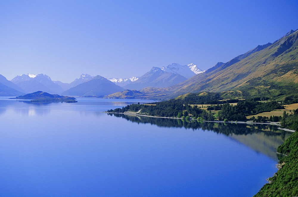 Looking towards the northern tip of Lake Wakatipu at Glenorchy and Mt. Earnslaw, 2819m, beyond, western Otago, South Island, New Zealand, Pacific