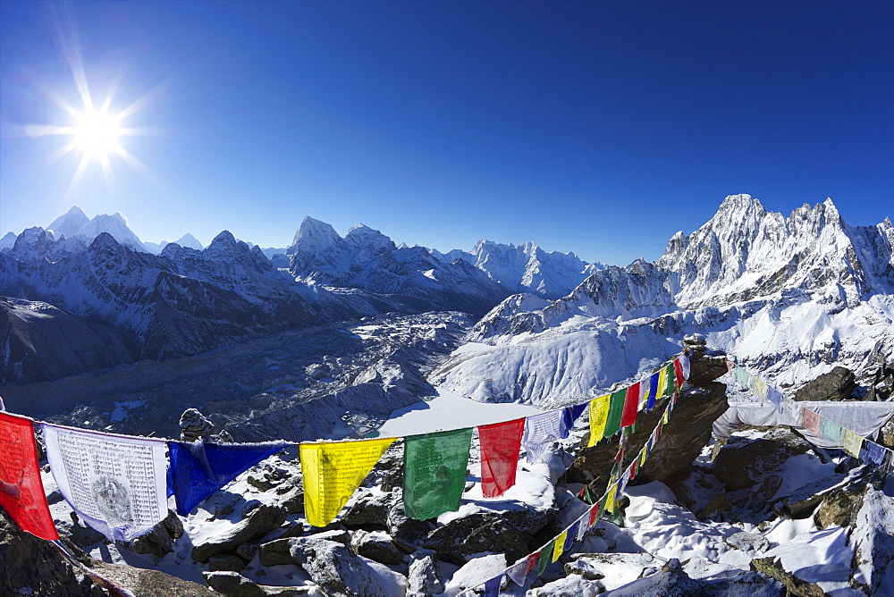 Sunrise on Mount Everest from Gokyo Ri, with Ngozumba Glacier, Dudh Pokhari, Solukhumbu District, Sagarmatha National Park, UNESCO World Heritage Site, Nepal, Himalayas, Asia