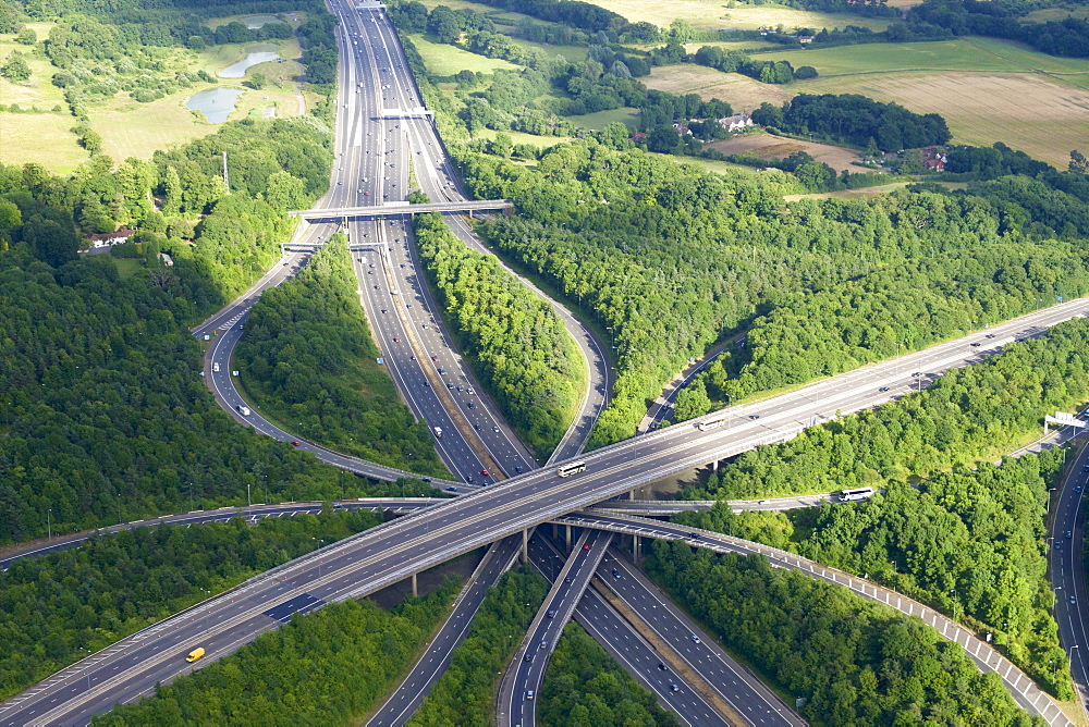 Aerial photo of M23 flyover M25, near Redhill, Surrey, England, United Kingdom, Europe 