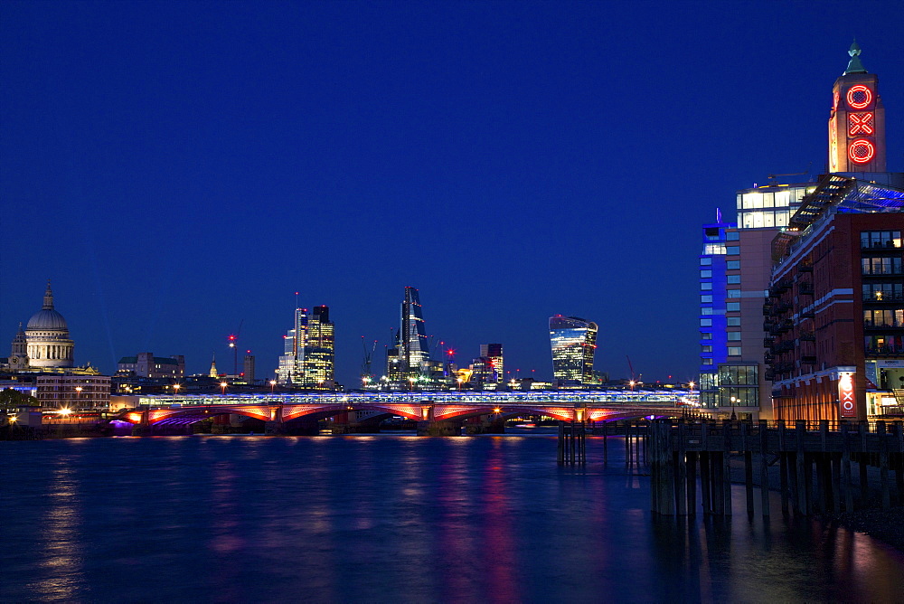 St. Paul's Cathedral, Blackfriars Bridge and River Thames at dusk, taken from South Bank, with Walkie-talkie, Cheesegrater, City of London and Oxo buildling, London, England, United Kingdom, Europe