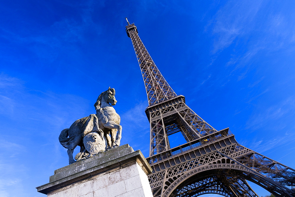 Horse sculpture on Lena Bridge near to Eiffel Tower in Paris, France, Europe