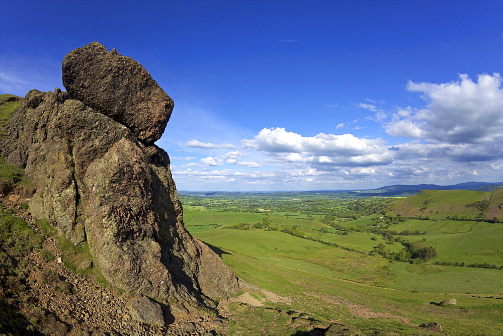 Caer Caradoc rocks and English countryside near Cardington in spring evening in May, Church Stretton Hills, Shropshire, England, United Kingdom, Europe