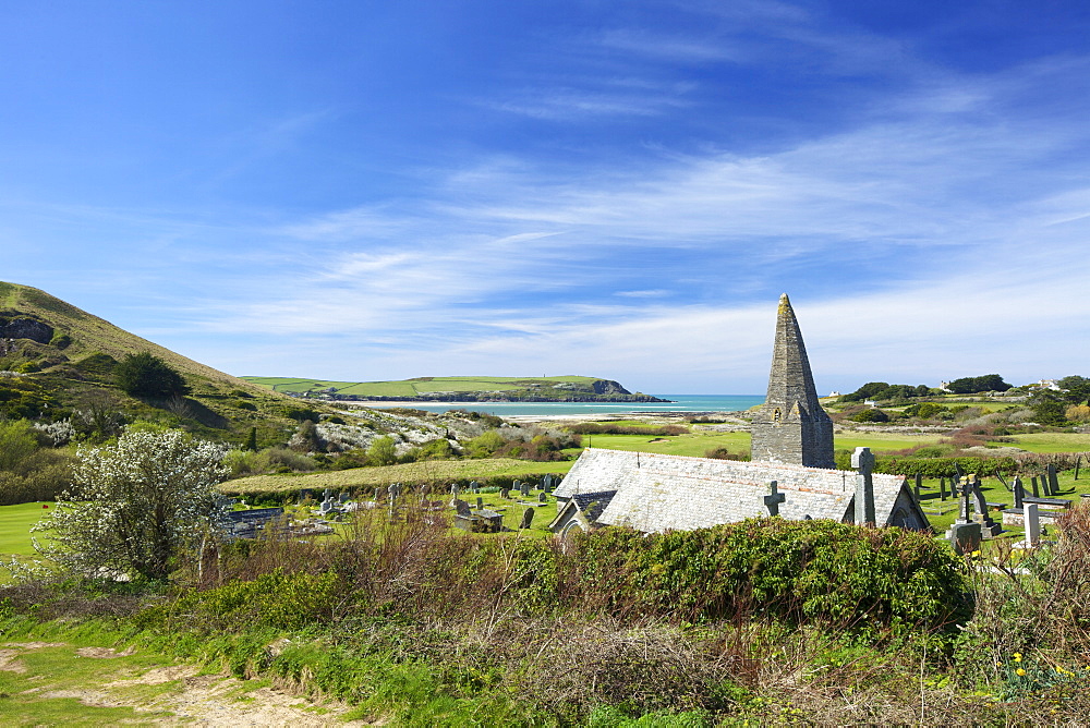 View of Camel Estuary from the churchyard of St. Enodoc Church, Rock, North Cornwall, England, United Kingdom, Europe