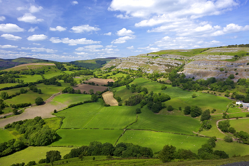 View towards limestone escarpment of Creigiau Eglwyseg, from Castell Dinas Bran, Llangollen, Denbighshire, Wales, United Kingdom, Europe