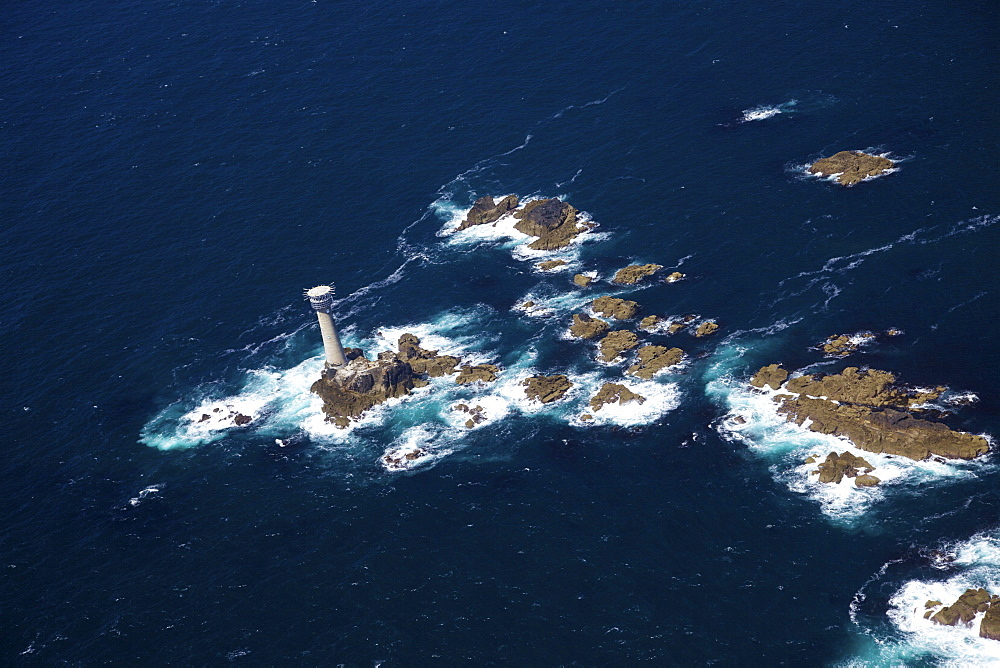 Aerial photo of Longships Lighthouse and Lands End Peninsula, West Penwith, Cornwall, England, United Kingdom, Europe