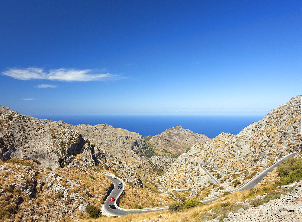 Twisting hairpin mountain road to Sa Calobra in northern Majorca, Balearic Islands, Spain, Mediterranean, Europe