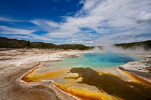 Outlet with colourful thermophilic bacteria and algae of the Sapphire Pool in Bisquit Basin, Yellowstone National Park, Wyoming, Idaho, Montana, America, United States