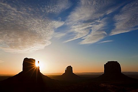 West Mitten Butte, East Mitten Butte and Merrick Butte at sunrise, Monument Valley, Colorado Plateau, Navajo Nation Reservation, Arizona, USA