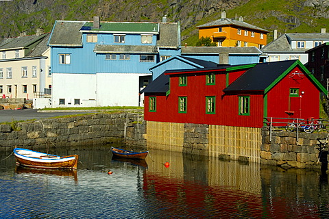 Colourful Rorbuer houses at the shore Stamsund Vestvagoya Lofoten Norway