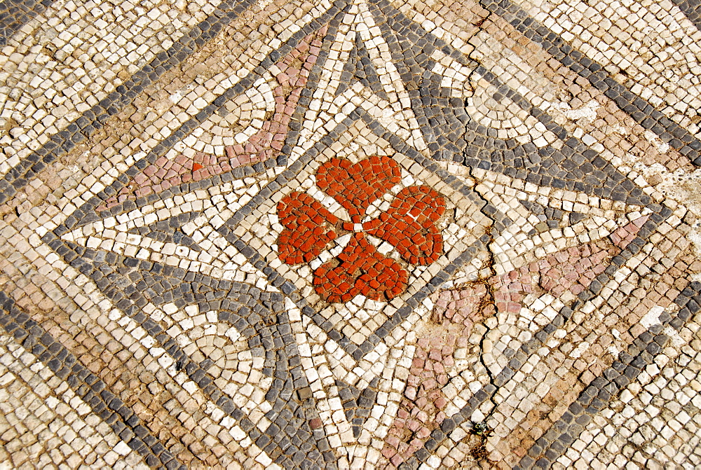 Colourful mosaic floral and geometric pattern at archaeological site of early Christian basilica Agia Trias North Cyprus