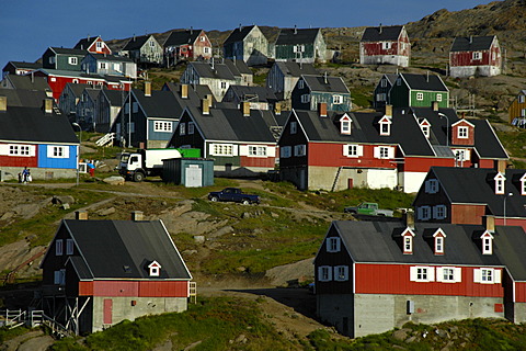 Colourful houses at a slope settlement Ammassalik Eastgreenland