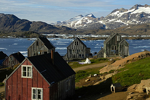 Old wooden houses at the fjord settlement Ammassalik Eastgreenland