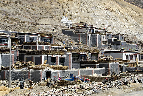 Tibetan Buddhism side buildung with private houses in grey and dark red painted walls Sakya Monastery Tibet China