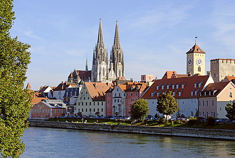 Regensburg Upper Palatinate Bavaria Germany Danube with the tower of the city hall and the cathedral