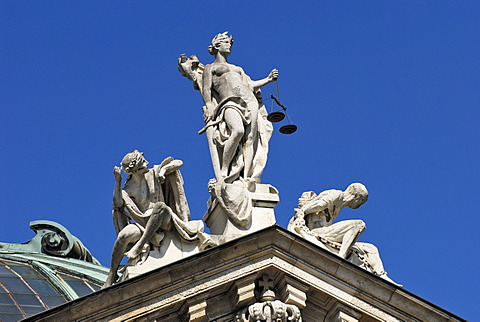 Lady Justice, Innocence and Vice on the palace of justice, Munich, Bavaria, Germany