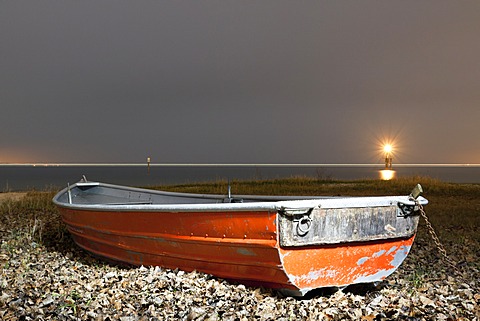 Life boat on the shores of Lake Constance at night, Konstanz, Baden-Wuerttemberg, Germany, Europe