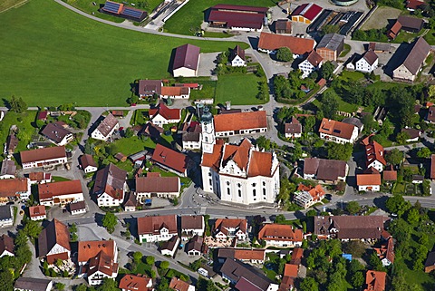 Aerial view, town of Steinhausen with the Pilgrimage Church of Our Lady and the Parish Church of St. Peter and Paul, Baden-Wuerttemberg, Germany, Europe