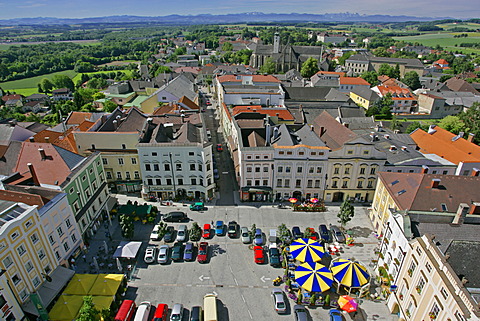 View from the clock tower to the main square and to the St Marien church of the town of Enns Upper Austria