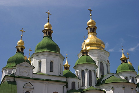 Ukraine Kiev Sophien cathedral 1054 seven of 13 domes of the cathedral golden domes and crosses shines in the sun blue sky 2004