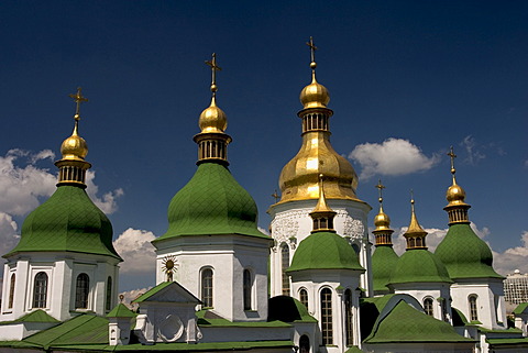 Ukraine Kiev Sophien cathedral 1054 seven of 13 domes of the cathedral golden domes and crosses shines in the sun blue sky 2004