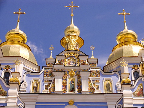 Ukraine Kiev golden domes from St. Michel Monastery golden domes and crosses shines in sunlight wall paintings Fresken with blue sky 2004