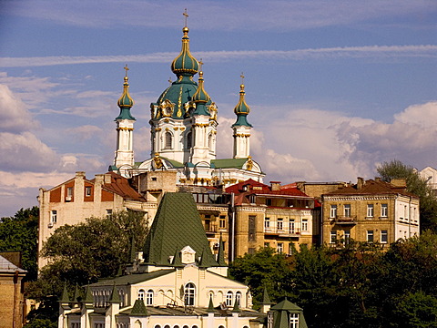 Ukraine Kiev church of holy St. Andreas built 1212 in wood 1744 with stones architect F. Rastrelli blue sky and clouds sunshine 2004