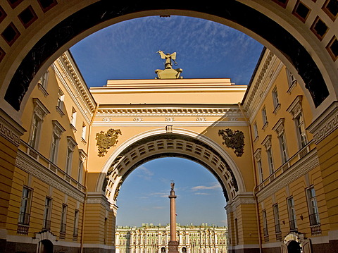 GUS Russia St. Petersburg 300 years old Venice of the North Gate from General Staff Building to the big Square with Alexander Columne built in 1834 by Architect Auguste Montferrand near Eremitage Winter Palace Visitors and Tourists