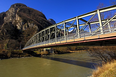 Steel bridge crossing Rhone River, near Chessel, Vaud, Switzerland, Europe