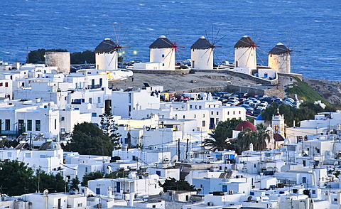 Windmills, the landmark of Mykonos, Cyclades, Greece, Europe