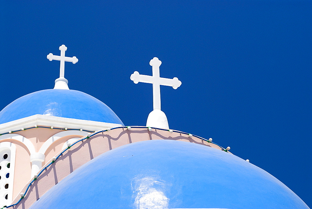 Blue domes of a chapel in Mykonos City, Cyclades, Greece, Europe