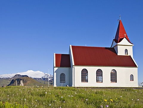 IngjaldshÃ³ll Church with Mt. Snaefellsnessjoekull in the background, Snaefellsness Peninsula, Iceland, Atlantic Ocean