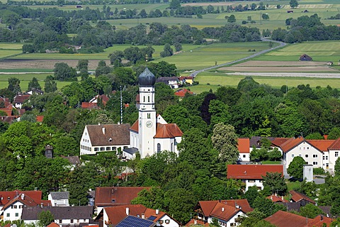 View from Hirschberg hill to Paehl, Alpine foothills, Five Lakes region, Pfaffenwinkel region, Upper Bavaria, Bavaria, Germany, Europe, PublicGround