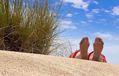 Feet of a woman lying in the dunes