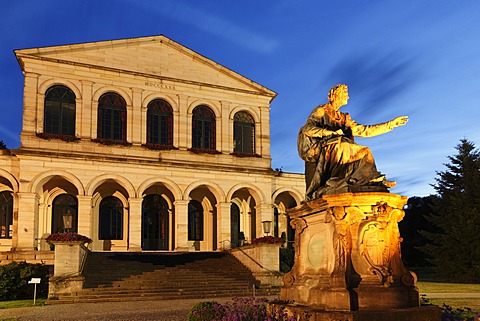 Illuminated monument to King Ludwig I. in front of the Kursaal building, Bad Brueckenau, Rhoen, Lower Franconia, Bavaria, Germany, Europe