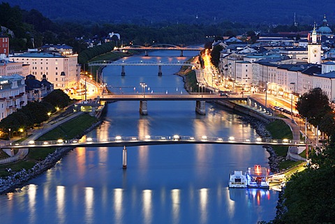 Historic district of Salzburg with Salzach River, view from Humboldt-Terrace, Austria, Europe