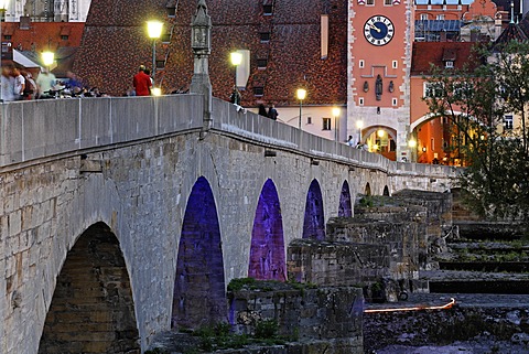 Old Stone Bridge and BrÃ¼cktor city gate in Regensburg Bavaria Germany