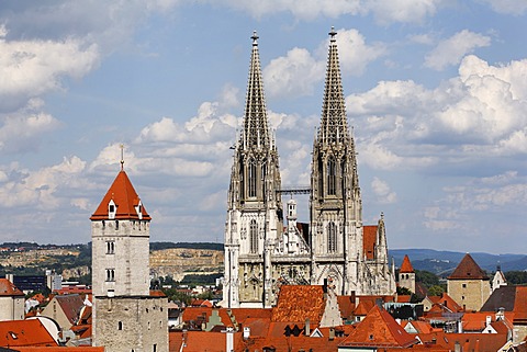 Golden Tower and cathedral, Regensburg, Upper Palatinate, Bavaria, Germany