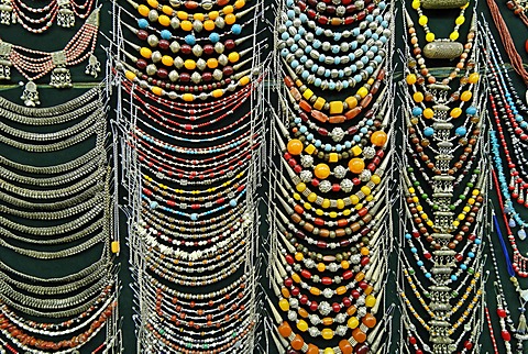 Silver necklaces at a souvenir shop in the bazaar of SanaÂ´a, Yemen